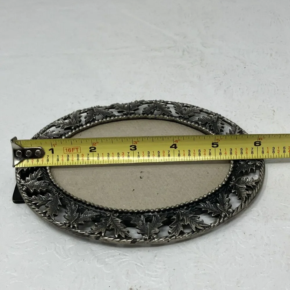 Vintage Filigree Leaves Frame Silver Tone Metal Photo Oval Easel for 4.5x3.25”